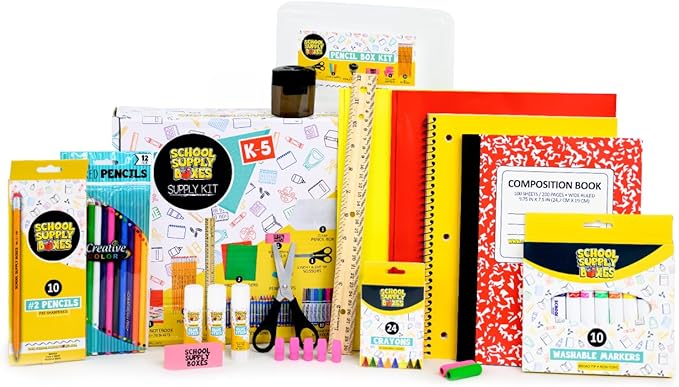 School Supply Boxes | K-5 Case (4 Boxes) | Back to School Essentials Kit for Students & Teachers | Includes Wide-Ruled Paper Products, Crayons, Markers, Colored Pencils, & More