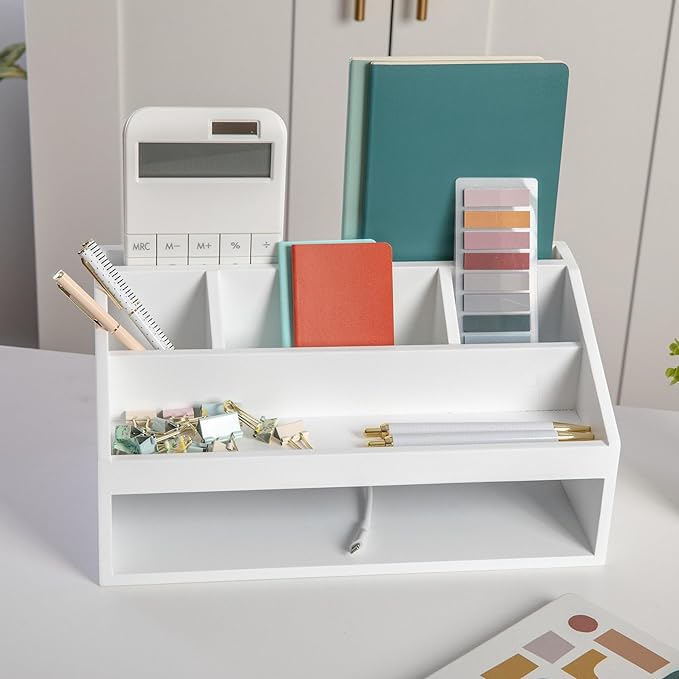 Martha Stewart Weston Wooden Desktop Organizer with Open Lower Storage Compartment, Engineered Wood Multipurpose Storage Caddy, White
