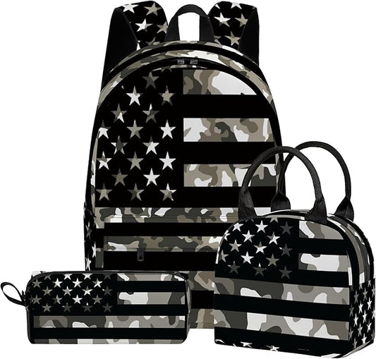 Flag 3PCS Backpack Set for Teens Elementary Middle High School, 17 Inch Lightweight Classic Bookpack 3 in 1 Set for Girls Boys, Kids Back to School Backpack with Lunch Box Pencil Case
