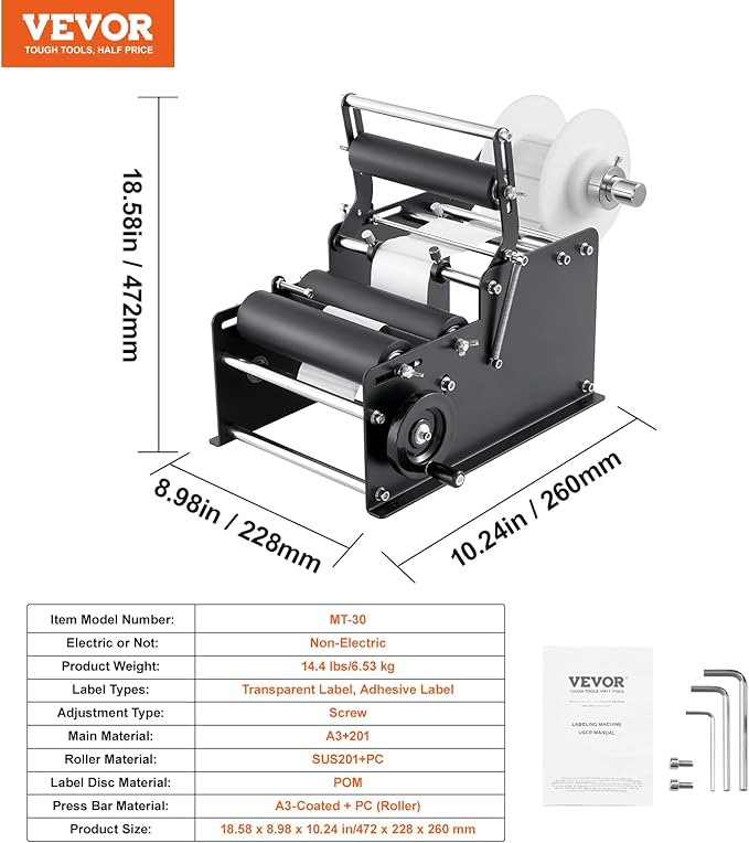 VEVOR Manual Round Labeling Machine, 15-20pcs/min, Applicator for Round Bottles, Adjustable for 0.78-4.72 inch Diameter (with Pressing Bar)