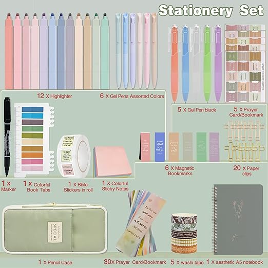 Bible Study Supplies Kit for Women 96PCS Bible Journaling Kit with Bible Tabs for Women,Bible Highlighters and Pens, Bookmark, Journal, Bible Bag, Stationary Gift Set[Green]