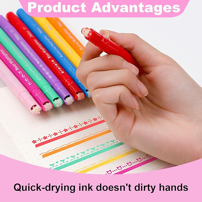 8PCS Curve Highlighter Pen Set, 8 Different Shapes Dual Tip Marker Highlighters for Note Taking Journaling Drawing, Colored Curve Pens Set for Planner Back to School Supplies