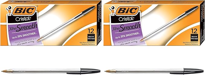 BIC Cristal Xtra Smooth Black Ballpoint Pens, Medium Point (1.0mm), 12-Count, Extra Smooth and Reliable Ballpoint Pens (Pack of 2)