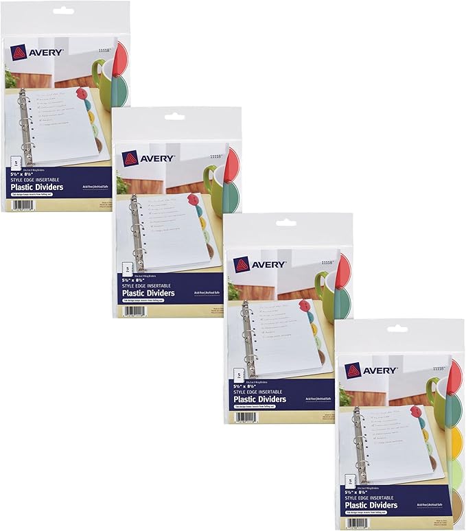 Avery Insertable Style Edge Plastic Mini Dividers for 3 Ring Binders, 5.5" x 8.5", 5-Tab Sets, Multicolor, 4 Binder Divider Sets (21118)