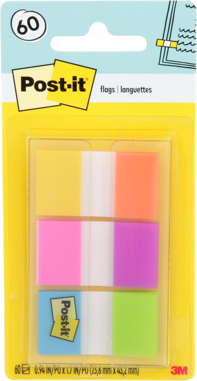 Post-it Flags, 0.94 in. x 1.7 in., One Dispenser with 20-Count Sticky Tabs in Alternating Colors (60 Flags Total), Removable Page Markers for Planners, Journals, and Calendars