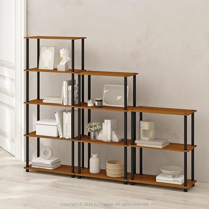 Furinno Turn-N-Tube Book Shelf, 5-Tier Bookshelf, Bookcase with Multipurpose Compact Display Rack, 11.6 x 23.6 x 57.4, for Living Room, Bedroom, Home Office, Light Cherry/Black