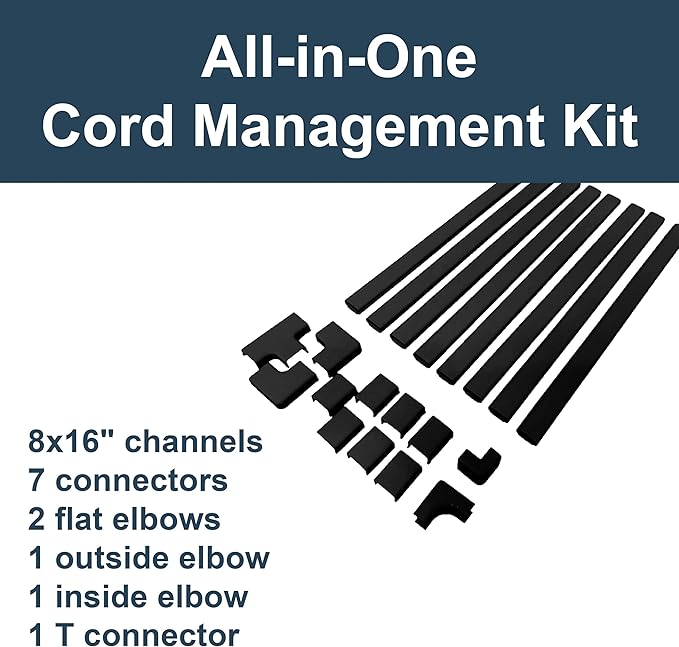 Legrand Wiremold C210SBK Cordmate II 128 Inch 20 Piece Cord Cover Kit, Organizer for Wall, Holds Up to 3 Cords or Cables, Sustainable Packaging, Black (1 Pack)