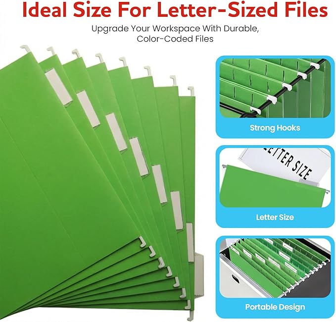 Green Hanging File Folders – 8 Pack, Letter Size File Organization Folders for Home, Office, School & Filing Cabinets