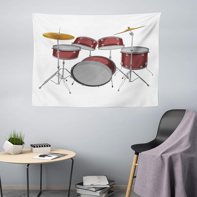 Ambesonne Drums Tapestry King Size, Picture of a Drum Kit Percussion Instrument Standing on a Plain Background, Wall Hanging Bedspread Bed Cover Wall Decor, 104" X 88", Pale Maroon and White