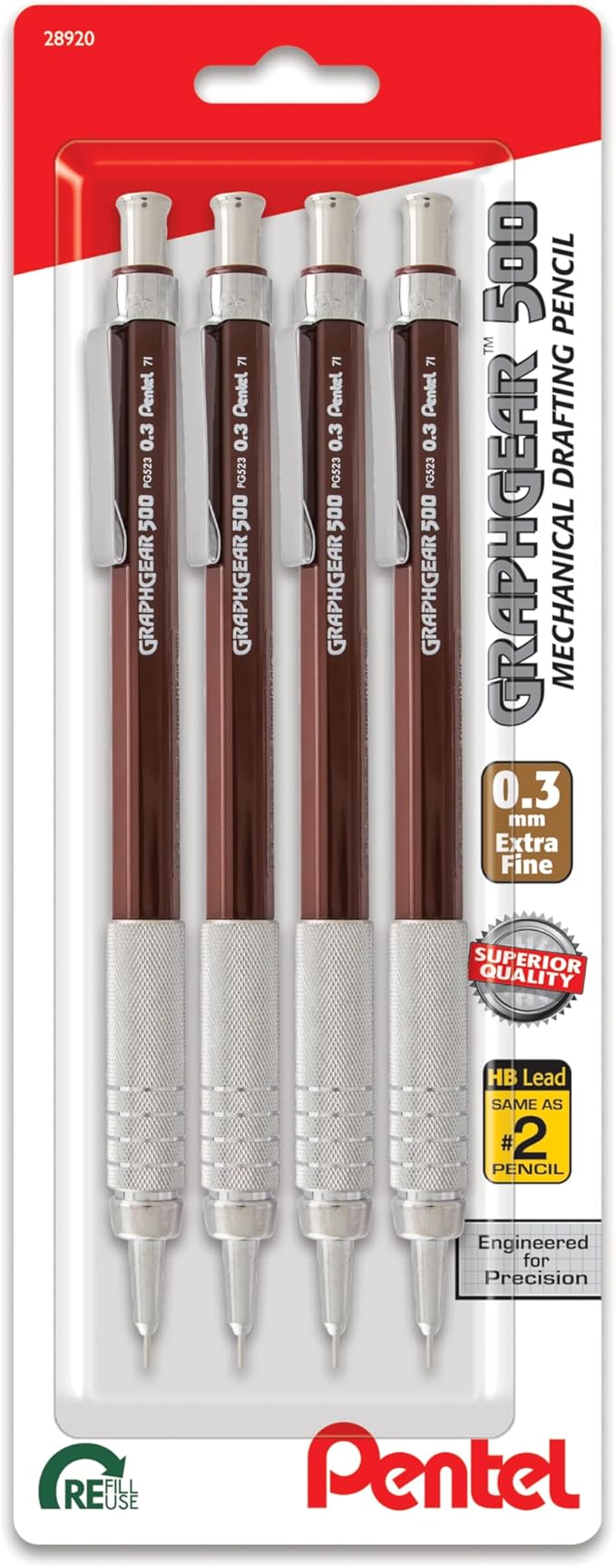 Pentel GraphGear 500 Mechanical Drafting Pencil, (0.5mm), Fine Line, Black Barrel, Pack of 4 (PG525BP4A)