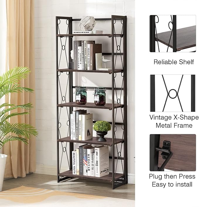 VECELO Folding Bookshelf,5 Shelf Bookcase No Assembly, Industrial Metal Frame Shelves Rack Organizer for Living Room, Office,Walnut 2 Set