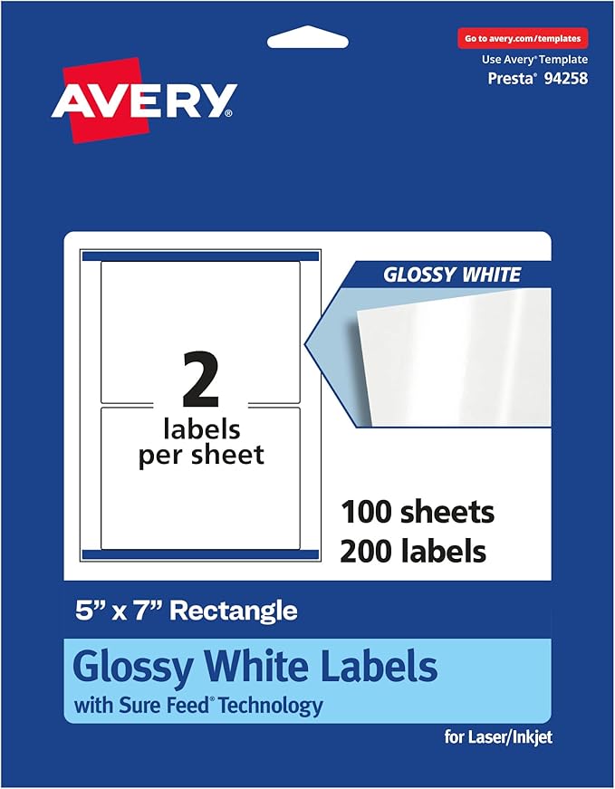 Avery Glossy White Rectangle Labels, Sure Feed Technology, 5" x 7", 200 Glossy White Labels, Permanent Adhesive, Laser/Inkjet Printable