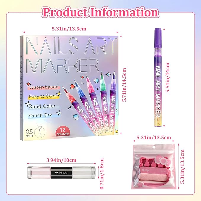 Nail Art Pens 12 Colors Set of 19pcs,3D Quick-Dry Nail Art Markers Polish Pen,Diy Nail Art Tools for Dotting Drawing Painting Point Liner,Home & Salon Manicure Tools