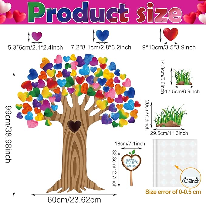 Pajean Classroom Tree Bulletin Board Set with Colorful Heart Cutouts Bulletin Board Classroom Decorations Gratitude Kindness Family Tree Wall Decor for Door Wall Chalkboards Decor