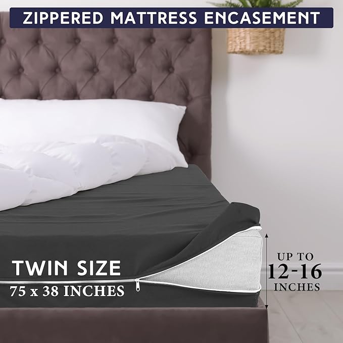 Zippered Mattress Fitted Protector Deep Mattress Encasement Soft Zipper Fitted Sheet Microfiber Bed Sheet Cover for Bed(Dark Gray,Twin,12-16in)