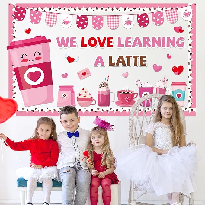 Valentine's Day Coffee Bulletin Board Set Valentines Coffee Cup Classroom Decorations Pink Red Heart Paper Cutouts Valentine's Day Bulletin Board for School Classroom Office Wall Door Decor Supplies