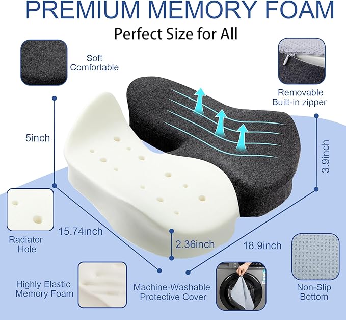 X Large Memory Foam Seat Cushion for Office Chair,for Back Support, Relief Sciatica & Tailbone Coccyx Pain Relief Cushion Pillow, for Long Sitting, for Car/Office Chair/Wheelchair (Darkgray)