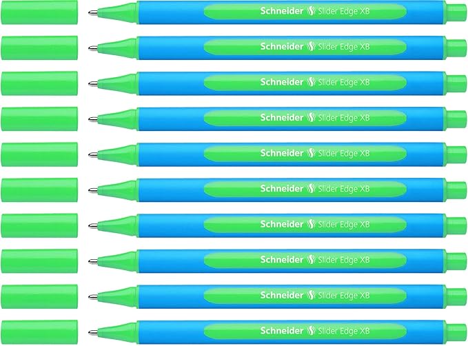 Schneider Slider Edge XB (Extra Broad) Ballpoint Pen, 1.4 mm, Light Blue Barrel, Green Ink, Box of 10 Pens (152204)