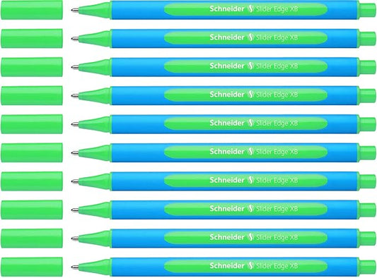 Schneider Slider Edge XB (Extra Broad) Ballpoint Pen, 1.4 mm, Light Blue Barrel, Green Ink, Box of 10 Pens (152204)