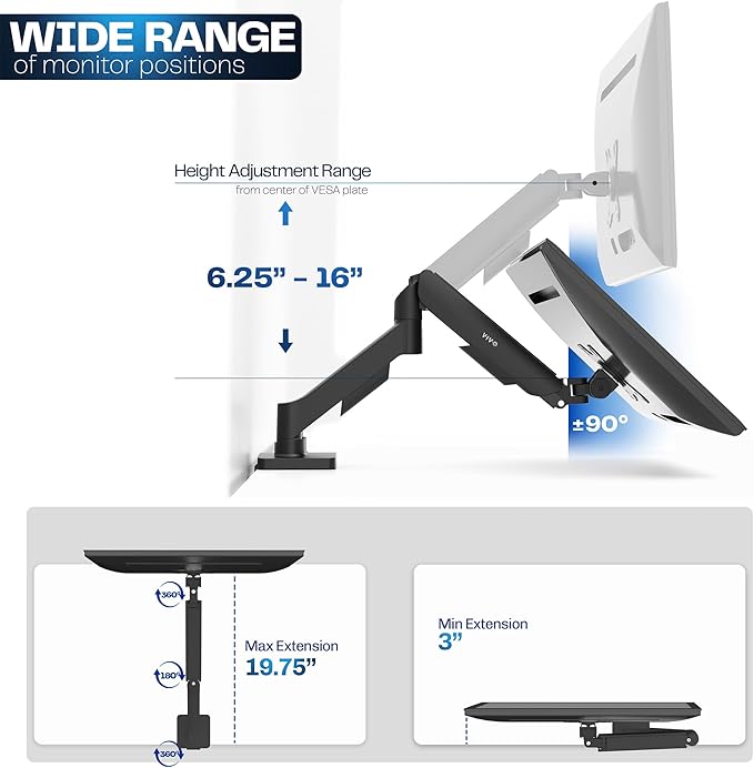 VIVO Single Monitor Stand, Fully Adjustable Arm for 17 to 32 inch Screen, Mechanical Articulating Desk Mount, Gaming and Office Setups, VESA 75x75, 100x100, Max 19.8 lbs, Classic, Black, STAND-V001O
