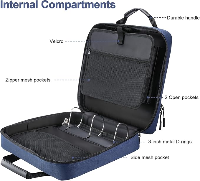 4 Inch 3 Ring Zipper Binder D-Ring, Binder with Strap 800 Sheet Capacity & Multi-Pockets School and Office Binder Organizer, Compatible with 13-Inch MacBook(Patent Design Dark Blue)