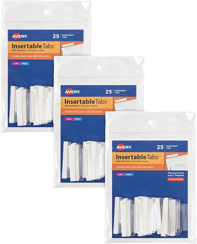 Avery Index Tabs, 1-1/2", Self-Adhesive, Laser/Inkjet Printable Inserts, 25 Per Pack, 75 Total (3-Pack of 16320)