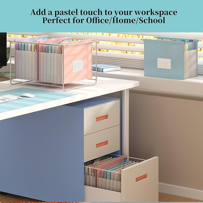 Expanding Hanging File Folders for Filing Cabinet, 7 Accordion Pockets, 1.2'' Expandable, Multi-Color Tabs, Letter Size, 50% Wheat Straw, 3 Pack (Pastel Pink)