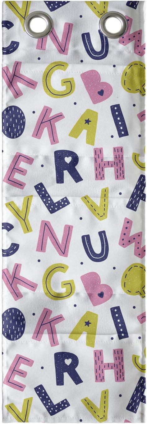Ambesonne Alphabet Hanging Pocket Organizer, Geometric with Hearts Stars and Mini Polka Dots, Printed Polyester Storage Bag with Pockets, 9" x 27", Yellow Green Pastel Pink