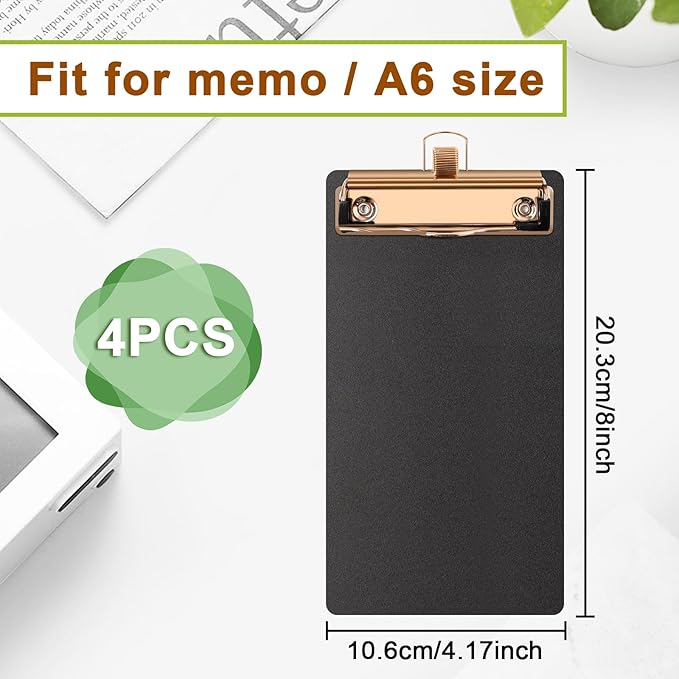 Black Plastic Clipboards 4 Pack Clipboard with Pen Holder 4.17x 8 inch Memo Size Plastic Clipboards Low Profile Clip Boards for Home Office School