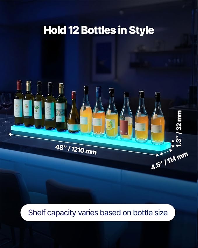 VEVOR LED Lighted Liquor Bottle Display, 1 Tier 48 Inches Whiskey Rack, Supports USB, Illuminated Home Bar Shelf with RF Remote & App Control, 7 Static Colors, Acrylic Lighted Shelf for 12 Bottles