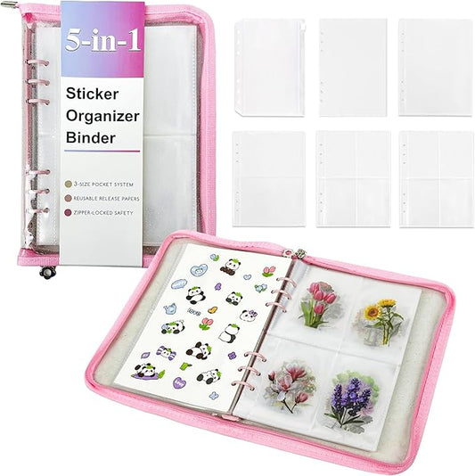5-in-1 Sticker Organizer Book Reusable A5 Storage Binder with 220 Pockets,10 Release Papers, Zipper Album Sticker Collecting Display Keeper (Pink)