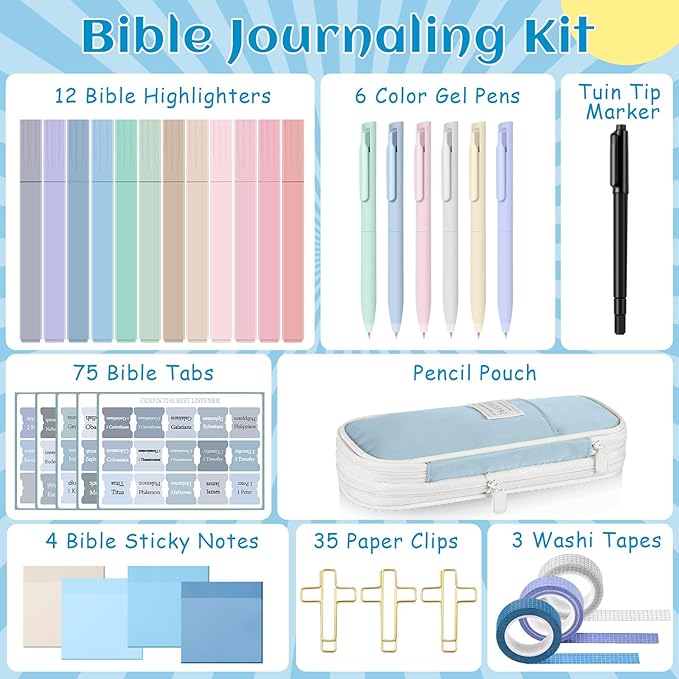 137 Pcs Bible Study Supplies Journaling Kit 1 Pencil Case 12 Highlighters 4 Sticky Notes 6 Gel Pens 35 Paper Clips 3 Tapes 1 Markers 75 Tabs for Christmas Bible School Gifts(Blue)