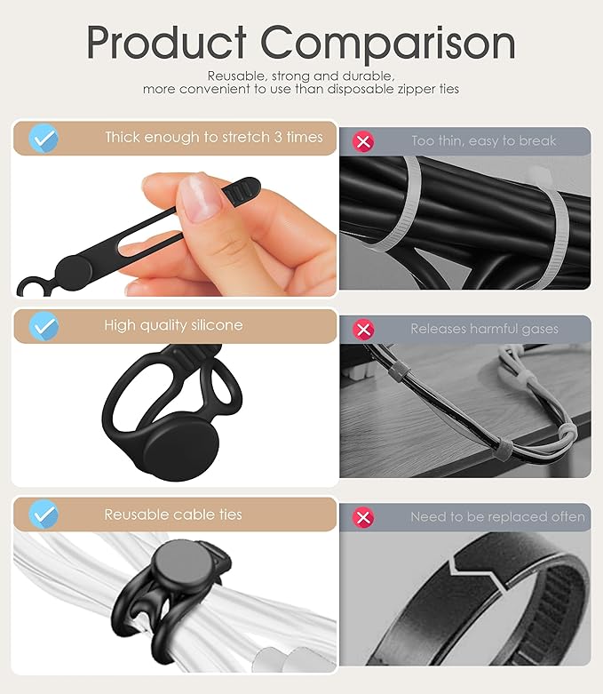 20Pcs Nearockle Silicone Cable Ties 3 Inch Cord Organizer, Reusable Small Zip Ties Cable Organizer for Charging Cords Earphone Computer Wire, Office Desk Cable Management Travel Accessories(Black)