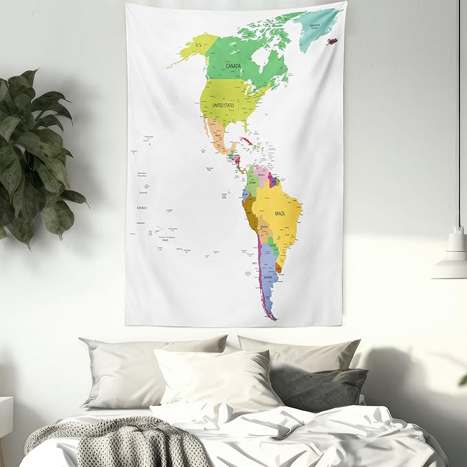 Ambesonne Map Tapestry, Map of South and North America with Countries Capitals and Major Cities Colorful Design, Fabric Wall Hanging Decor for Bedroom Living Room Dorm, 23" X 28", Green White