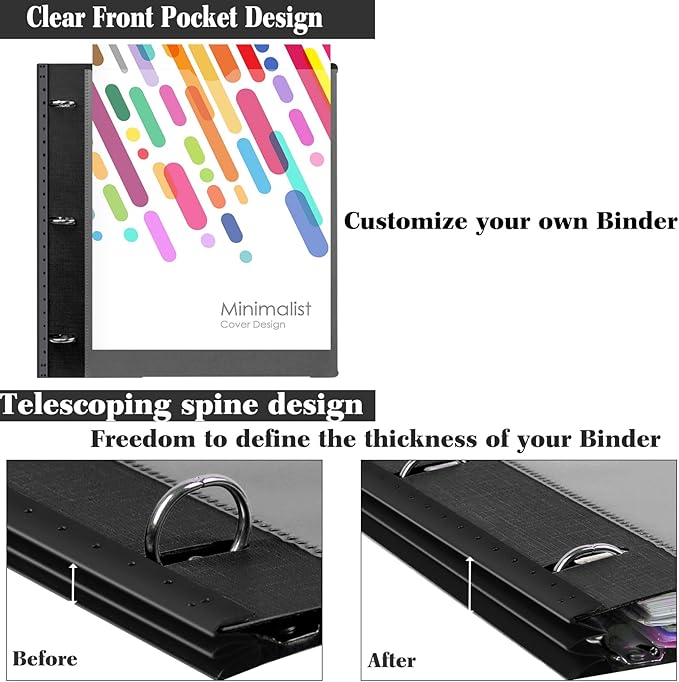 INFUN 1 Inch 3-Ring Telescoping Project Organizer Binder,13 Pocket, Customizable Front Cover, 5 Colors Pocket Divider and Plastic Binder Pocket，225 Sheet Capacity-Black