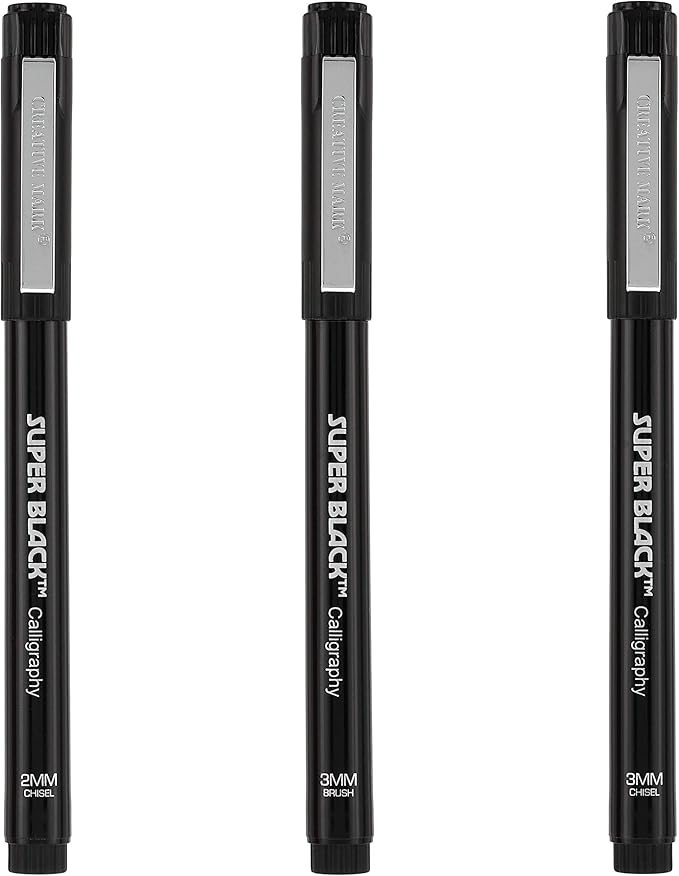 Creative Mark Calligraphy & Fineliner Pen Set of 3 Lettering & Calligraphy Drawing - Super Black, Permanent, Waterproof, & Acid-Free Chisel Nylon-Nibs Pens & Medium Brush Tip
