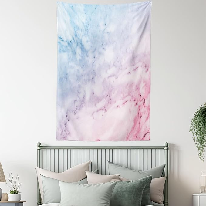 Ambesonne Marble Print Tapestry Twin Size, Pastel Toned Cloudy Crack Lines Stained Antique Shabby Design, Wall Hanging Bedspread Bed Cover Wall Decor, 68" X 88", Pink