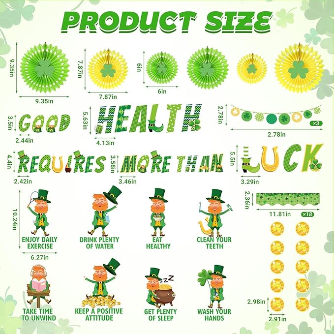 82 Pcs St Patrick's Day Bulletin Board Healthy Habits Decorations Good Health Requires More Than Luck Shamrock Gold Coin March Bulletin Board Set Clover Cutouts for Classroom School Decor