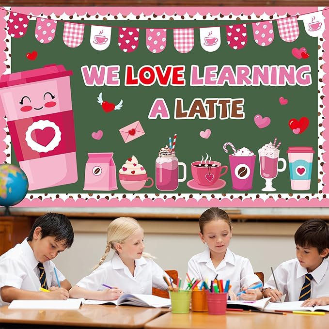 Valentine's Day Coffee Bulletin Board Set Valentines Coffee Cup Classroom Decorations Pink Red Heart Paper Cutouts Valentine's Day Bulletin Board for School Classroom Office Wall Door Decor Supplies