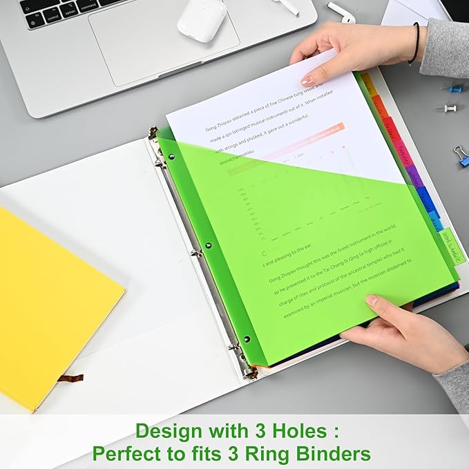 8-Tab Binder Dividers - Index Pockets Divider for 3 Ring Binders, 3-Hole Plastics Sheets Protectors for US Letter Size in 0.5'', 1'', 2'', 3 inch Binders, 8 Colors (XY004) (2 Packs)