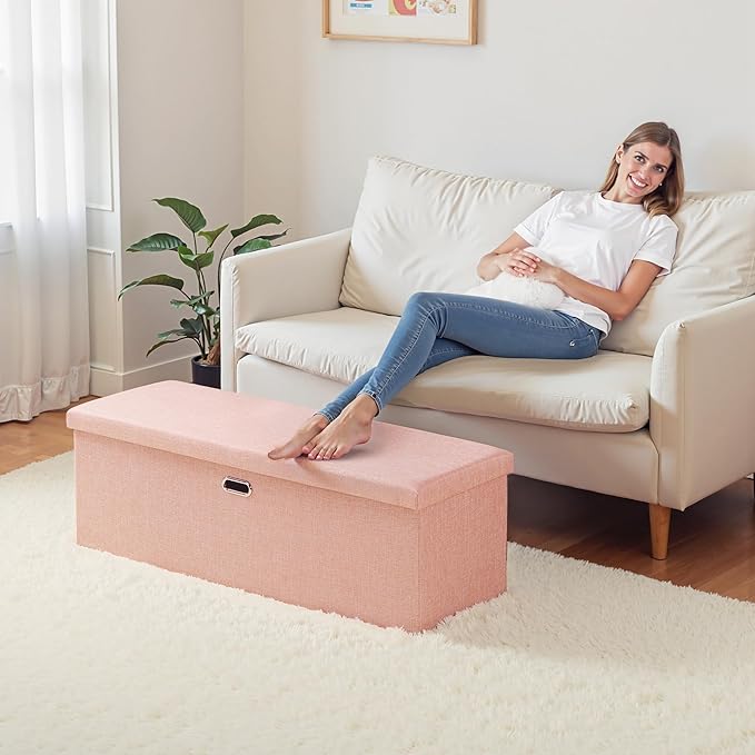 VECELO 43'' Folding Storage Ottoman Bench, End of Bed Linen Fabric Foot Rest Stool with Padded Seat, Large Footstools for Bedroom, Living Room, Load 660 lb, Pink