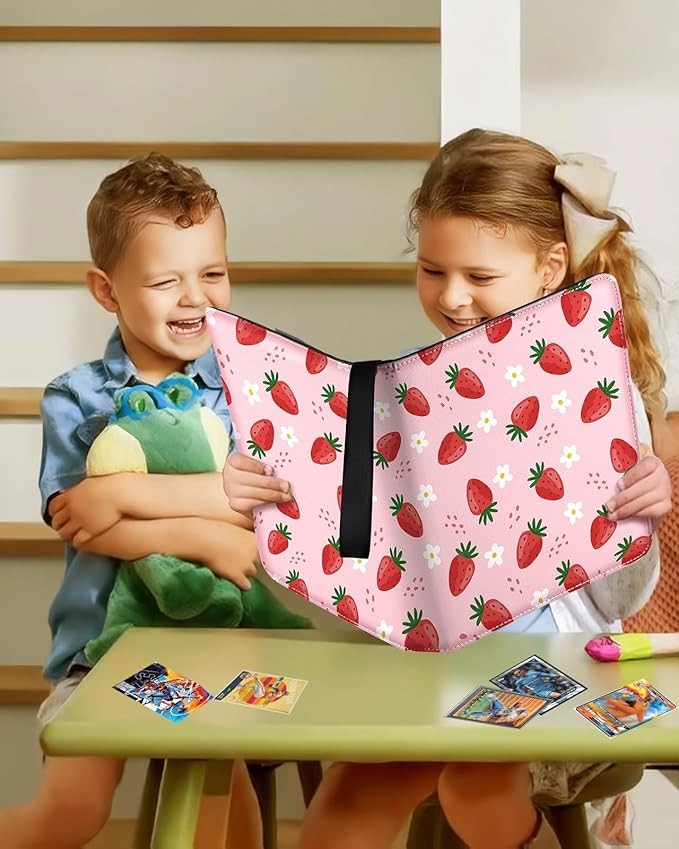 for 9 Pocket Card Binder Large Capacity for 900 Cards - Trading Card Collection Album Folder Double Sided Pocket with Zipper Strawberry for Girls Girly Teens for Sports Cards Game Cards