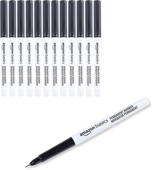 Amazon Basics Ultra Fine Point Permanent Markers for Drawing and Writing, Quick Drying, Fade Resistant, Black, 12-Pack