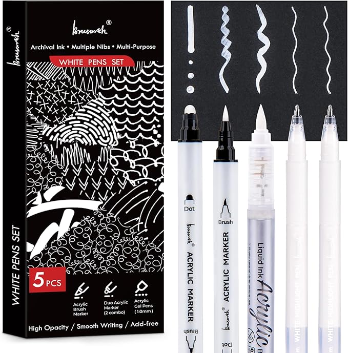White Pens Set, 5 Pack, 1mm White Gel Pens, Dual-Tip Acrylic Paint Pen, Brush Tip Acrylic Markers for Black Paper Drawing, Sketching, Illustration, Card Making, Bullet Journaling