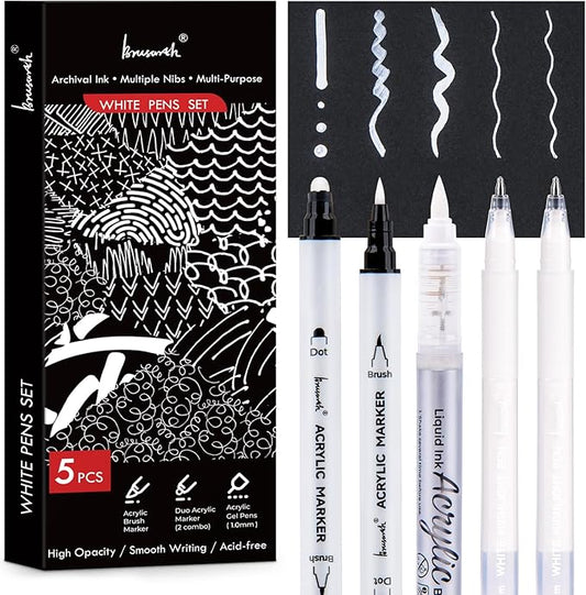 White Pens Set, 5 Pack, 1mm White Gel Pens, Dual-Tip Acrylic Paint Pen, Brush Tip Acrylic Markers for Black Paper Drawing, Sketching, Illustration, Card Making, Bullet Journaling