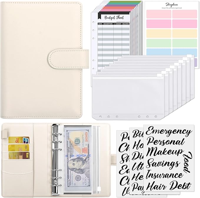 SKYDUE Budget Binder with 8pcs Zipper Envelopes, Money Organizer for Cash with 12pcs Expense Budget Sheets & 24 Blak Sticky Labels, Budget Book with Cash Envelopes (Creamy Oatmeal)