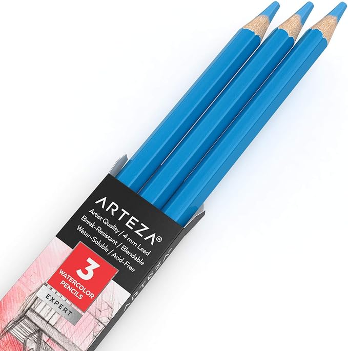Arteza Professional Watercolor Pencils, Pack of 3, A508 Sea Blue, Water-Soluble Pencils for Coloring, Blending, Layering & Watercolor Techniques