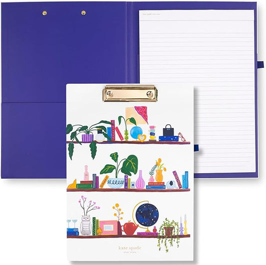 kate spade new york A4 Clipboard Folio with Low Profile Clip, Professional Padfolio Includes Lined Notepad, Pen Loop, and Pocket, Charmed Library