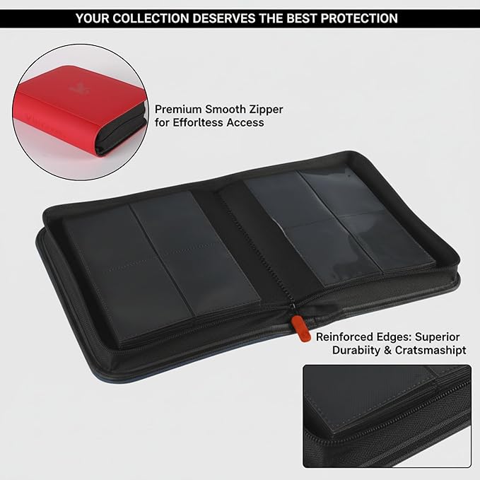 336 Card Binder, 4-Pocket Zipper Binder for Trading Cards, Side Loading Water-Resistant Album for MTG, TCG & Sports Cards (Red)