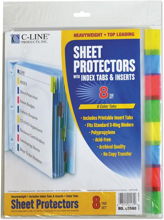 C-Line Polypropylene Sheet Protector with Index Tabs, Assorted Color Tabs, 11 x 8.5 Inches, One 8-Tab Set (05580)